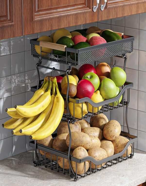 3-Tier Kitchen Fruit Basket with Wall Mount & Banana Hangers