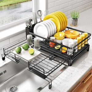 Expandable Dish Drying Rack with Utensil Holder (Black)