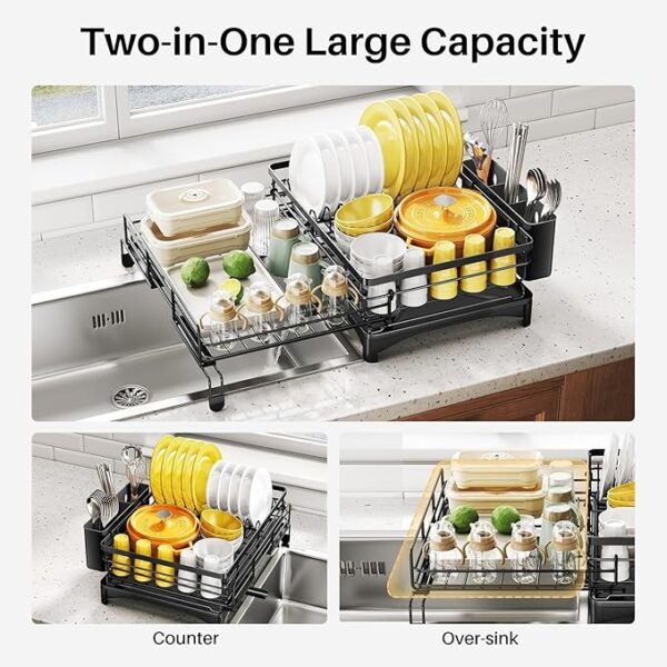 Expandable Dish Drying Rack with Utensil Holder (Black) - Image 2