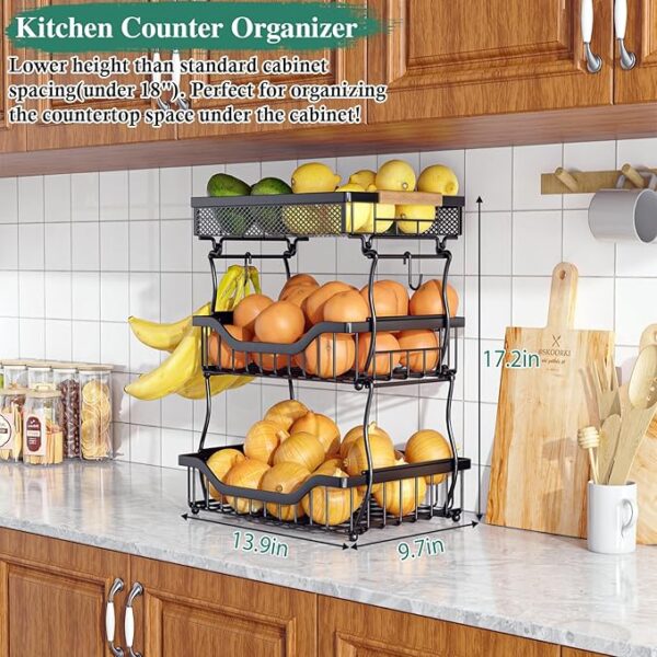 3-Tier Kitchen Fruit Basket with Wall Mount & Banana Hangers - Image 2