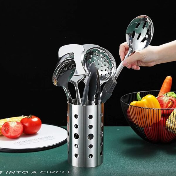 Stainless Steel Kitchen Utensils Set with Holder - Image 3