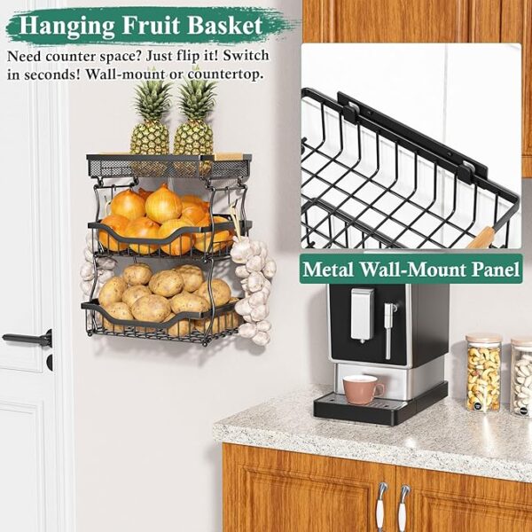 3-Tier Kitchen Fruit Basket with Wall Mount & Banana Hangers - Image 3