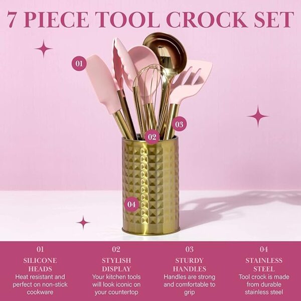Paris Hilton 7-Piece Kitchen Tool Crock Set – Pink & Gold - Image 5