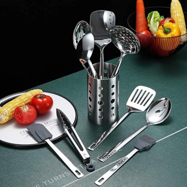Stainless Steel Kitchen Utensils Set with Holder - Image 4