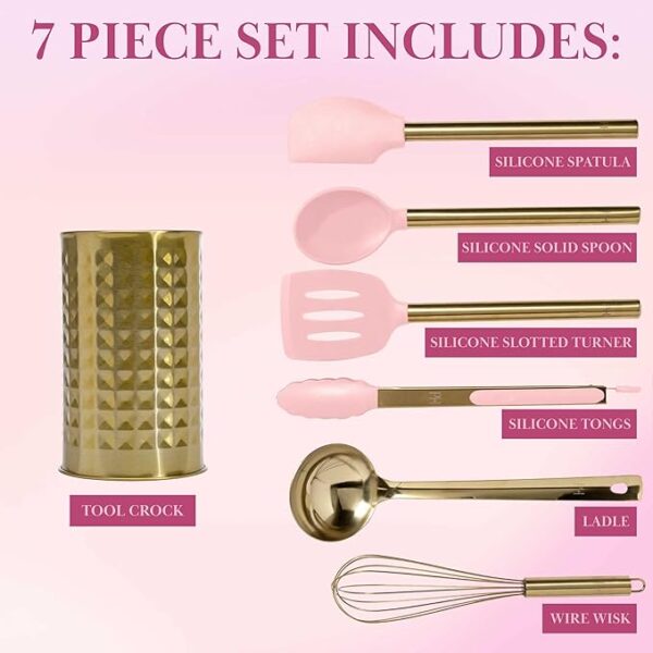 Paris Hilton 7-Piece Kitchen Tool Crock Set – Pink & Gold - Image 3