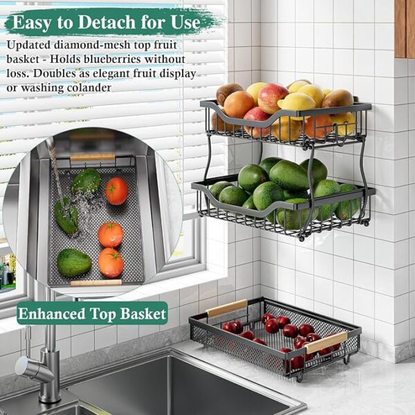 3-Tier Kitchen Fruit Basket with Wall Mount & Banana Hangers - Image 4