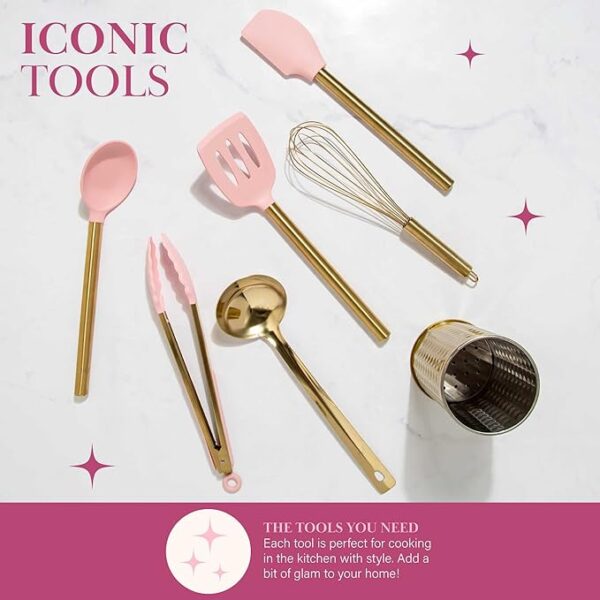 Paris Hilton 7-Piece Kitchen Tool Crock Set – Pink & Gold - Image 4